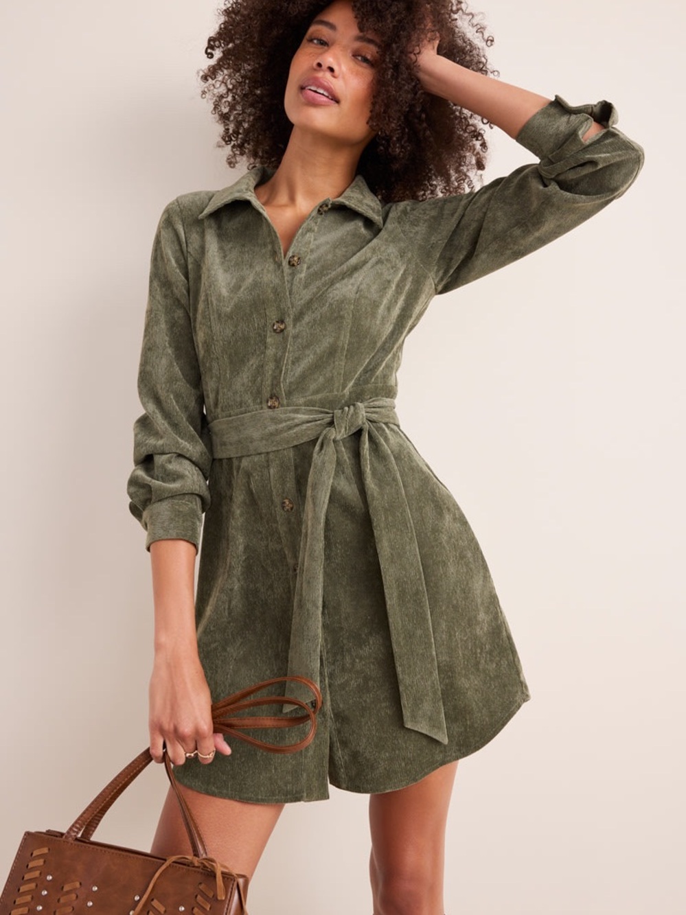 Francesca's Collections Olive Green Belted Shirt Mini Dress